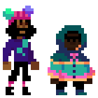 sprites of the VizuL protagonists, Mirtilo and Garoa. Mirtilo is a slender, bearded Black woman wearing pink beanie and blue sweater. Garoa is a fat Black woman of darker skin and shorter stature, she wears a green raincoat with orange accents